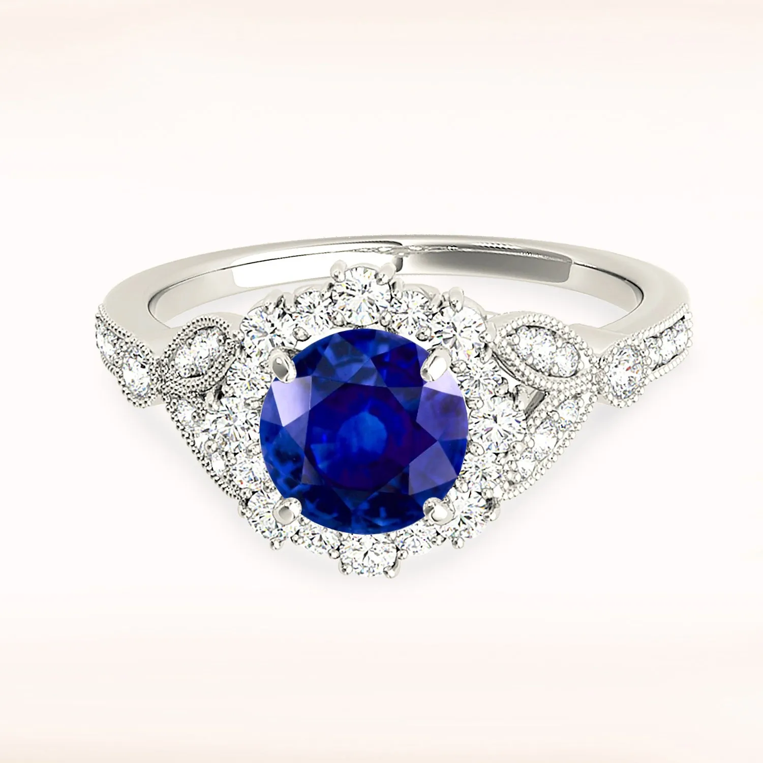 1.35 ct. Genuine Blue Sapphire Halo Milgrain Flower Ring