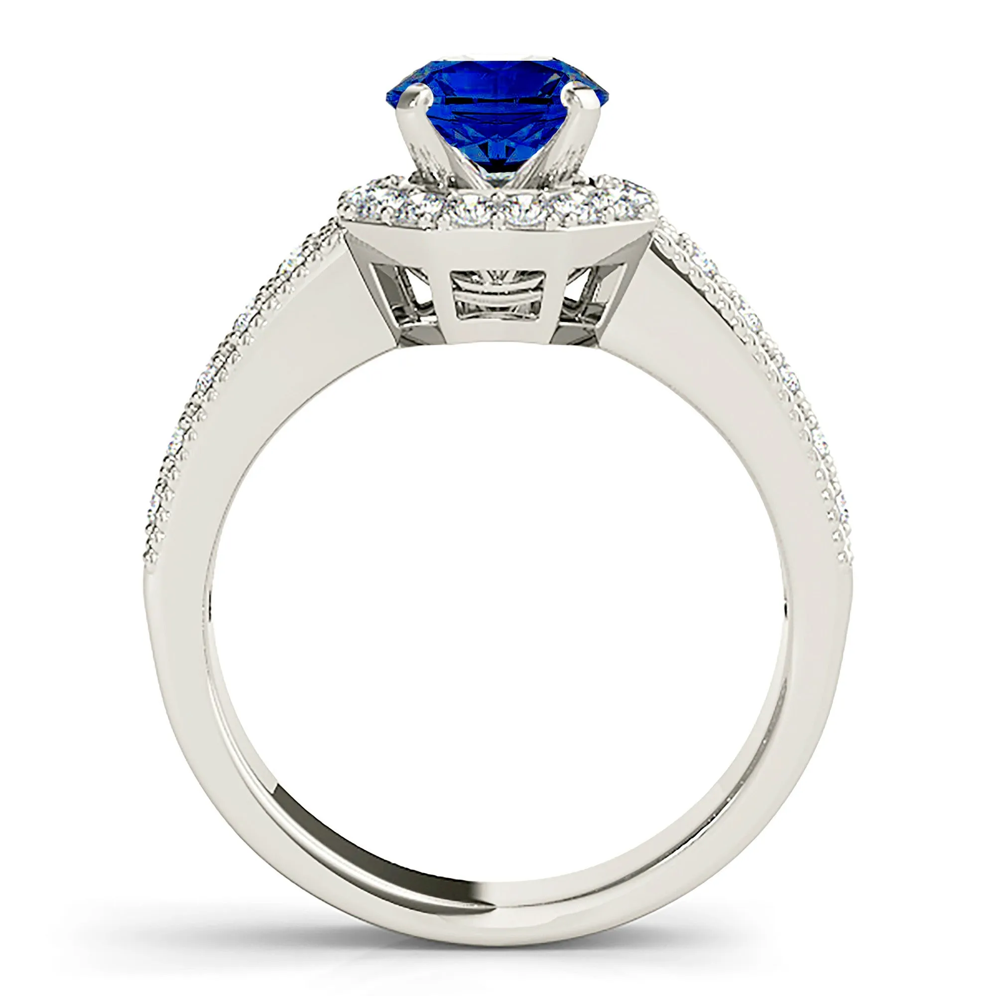 1.35 ct. Genuine Blue Sapphire Halo Ring with Two Row Side Diamonds