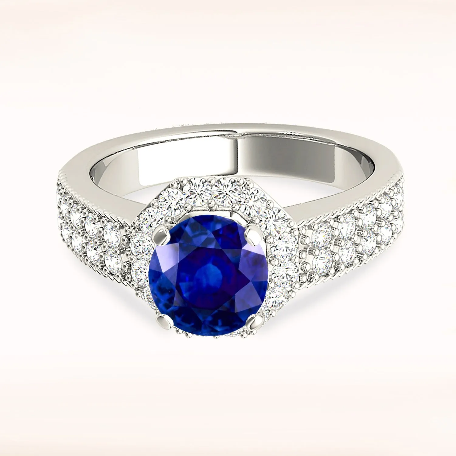 1.35 ct. Genuine Blue Sapphire Halo Ring with Two Row Side Diamonds