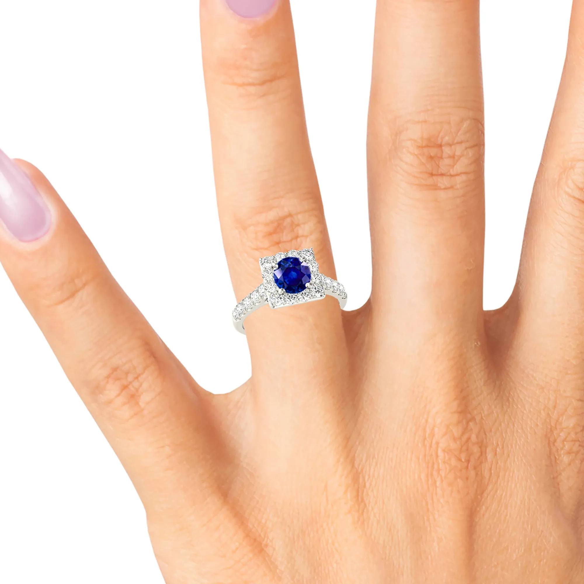 1.35 ct. Genuine Round Blue Sapphire Square Halo Ring