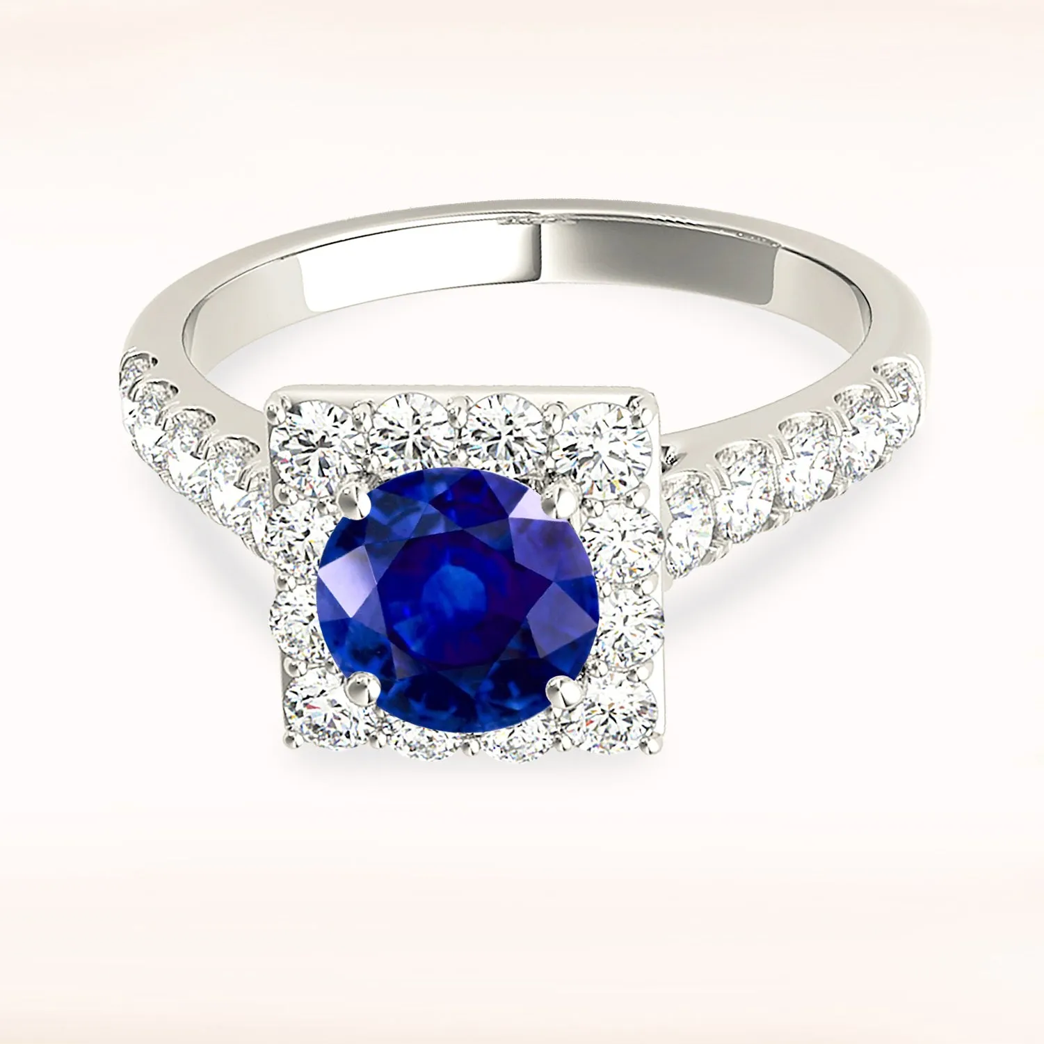 1.35 ct. Genuine Round Blue Sapphire Square Halo Ring