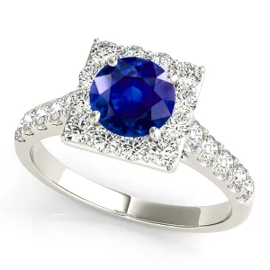 1.35 ct. Genuine Round Blue Sapphire Square Halo Ring