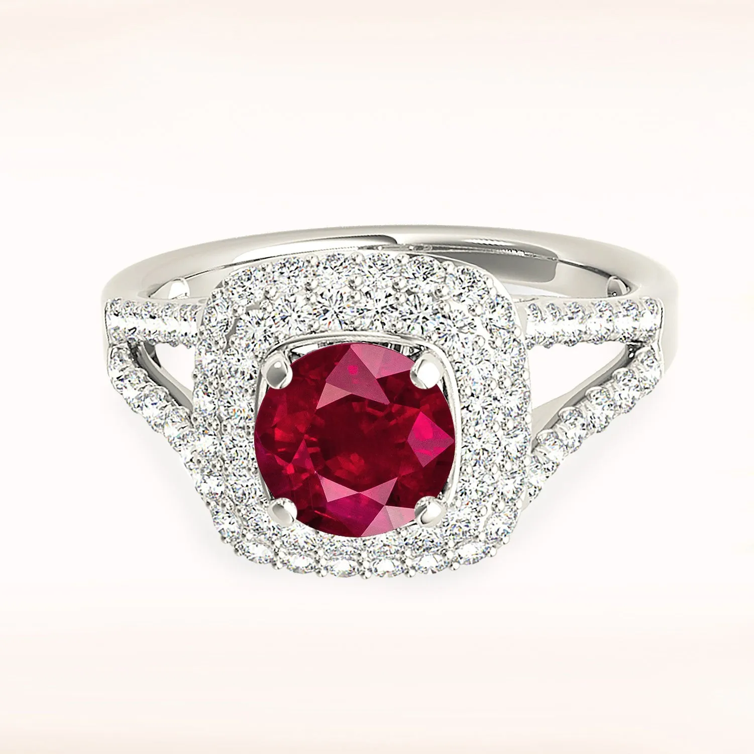 1.35 ct. Genuine Ruby Ring with Double Row Halo And Split V Diamond Shank