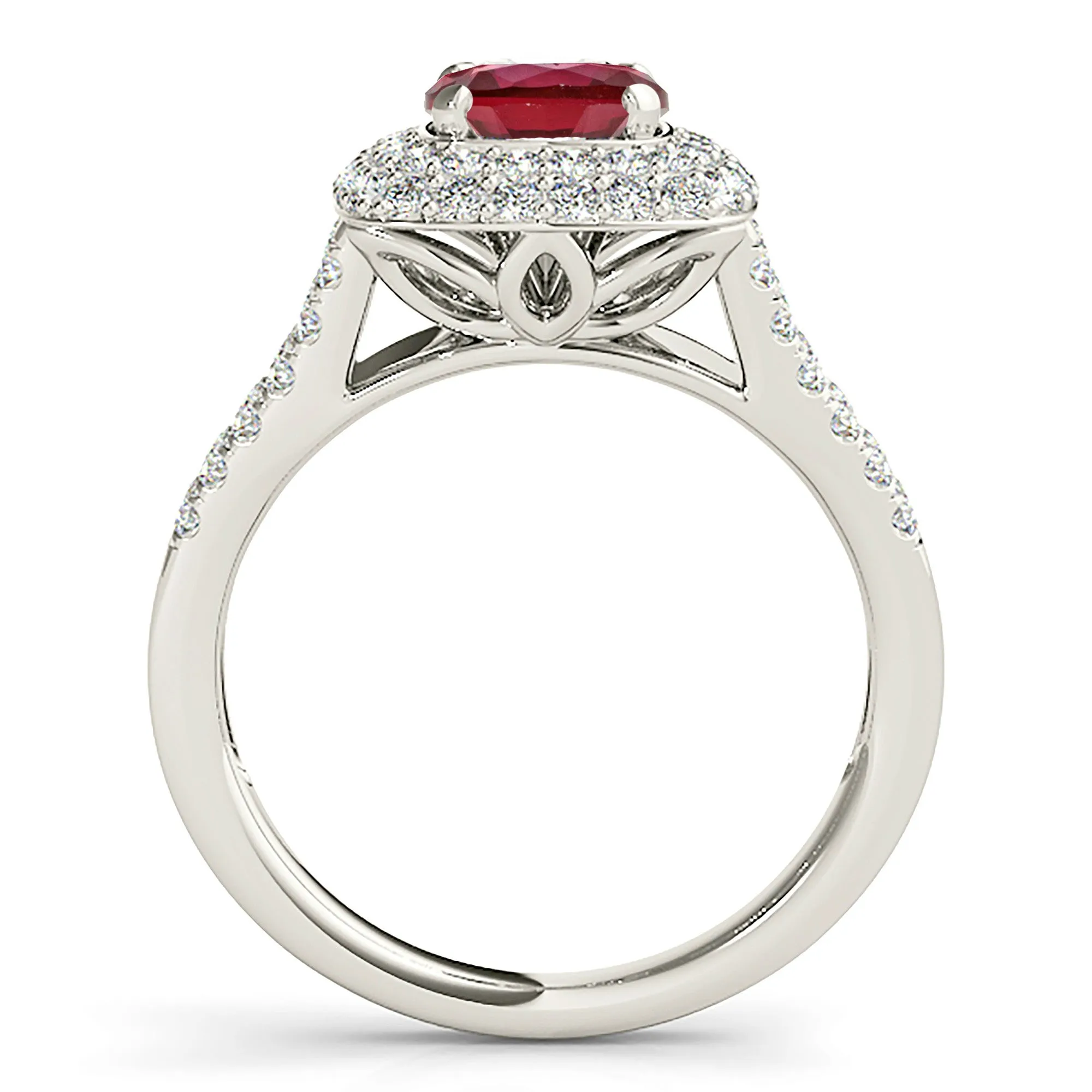 1.35 ct. Genuine Ruby Ring with Double Row Halo And Split V Diamond Shank
