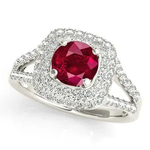 1.35 ct. Genuine Ruby Ring with Double Row Halo And Split V Diamond Shank