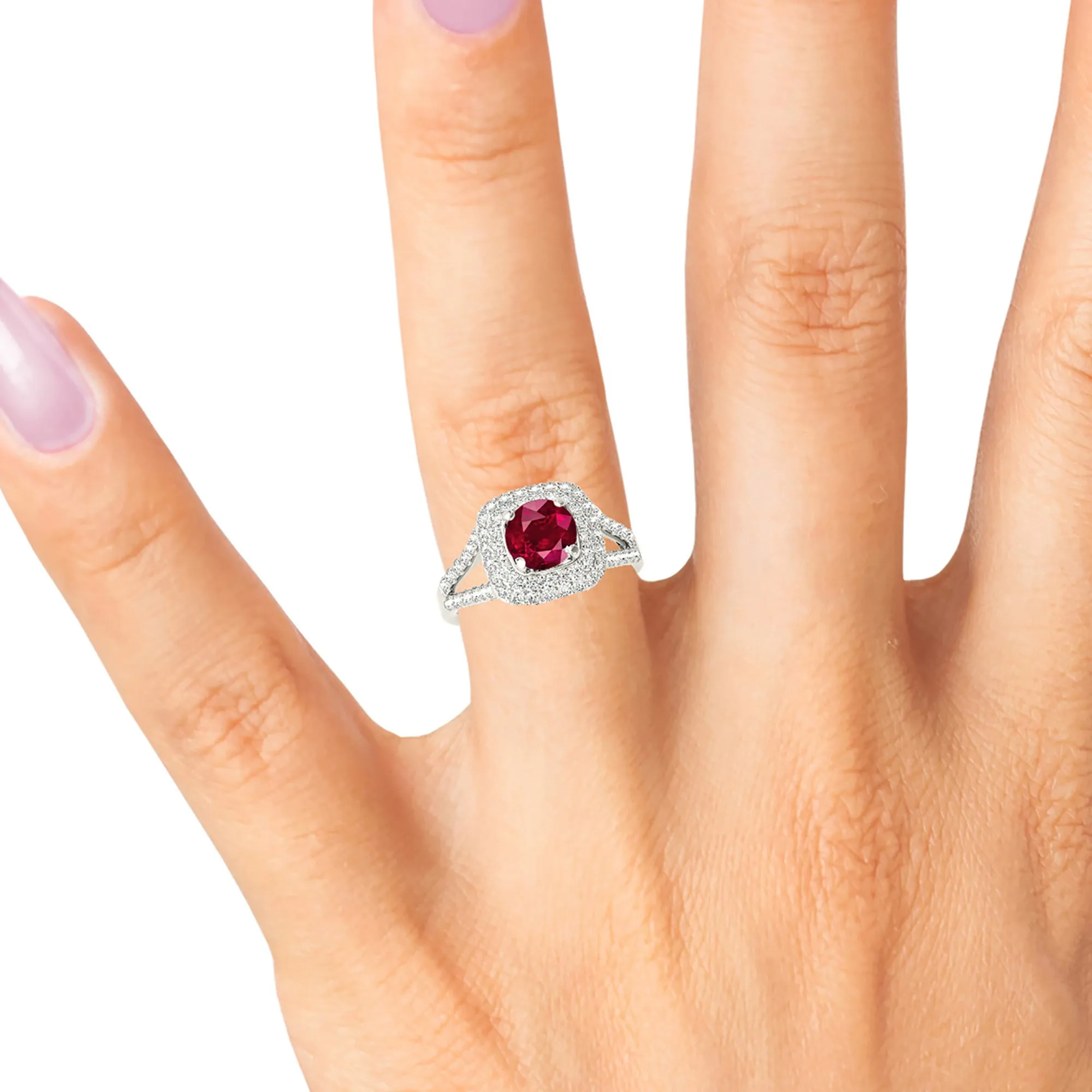1.35 ct. Genuine Ruby Ring with Double Row Halo And Split V Diamond Shank