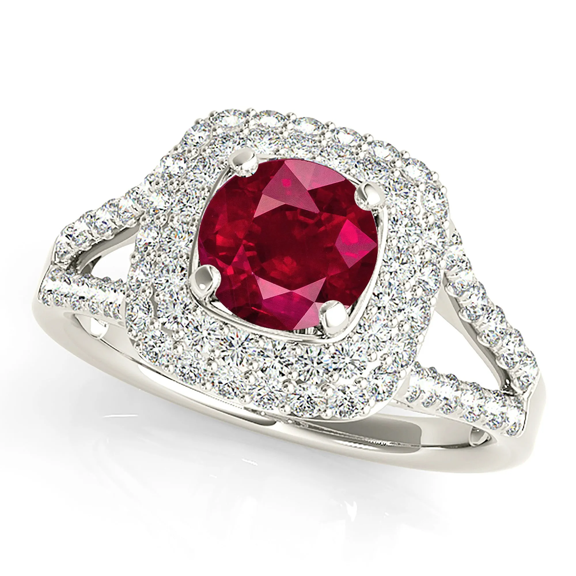 1.35 ct. Genuine Ruby Ring with Double Row Halo And Split V Diamond Shank