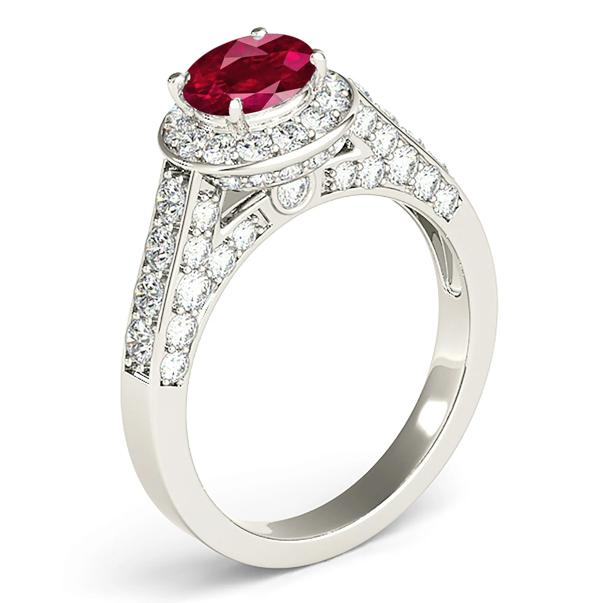 1.35 ct. Genuine Ruby Ring With Halo And Side Accent Diamonds