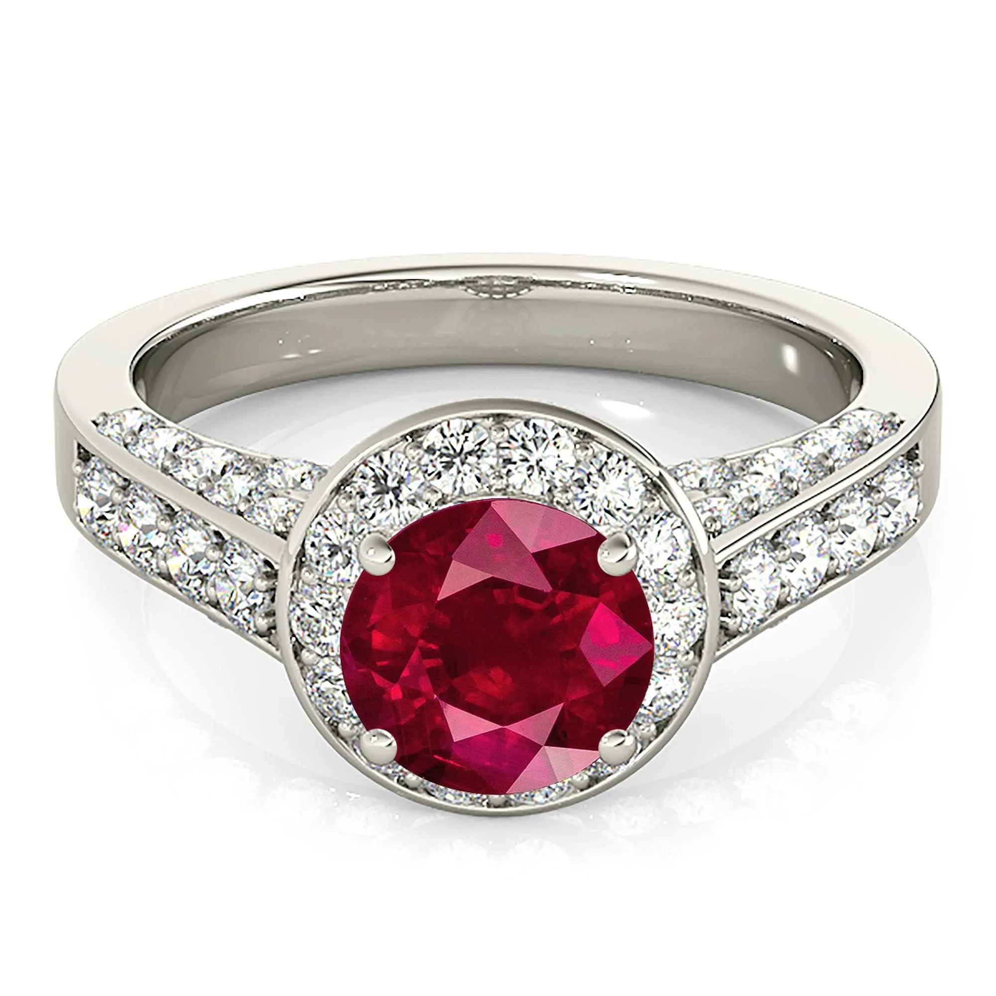 1.35 ct. Genuine Ruby Ring With Halo And Side Accent Diamonds