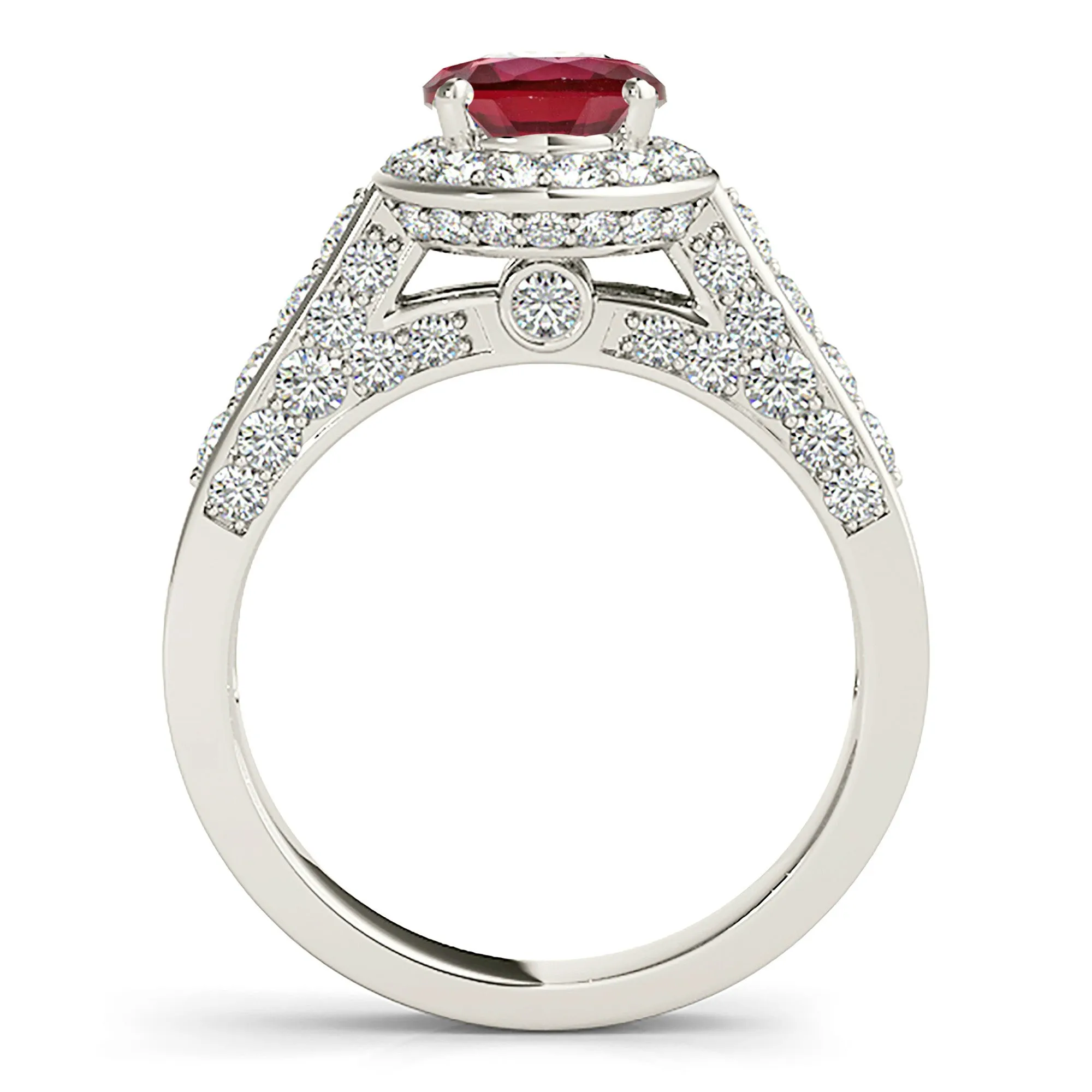 1.35 ct. Genuine Ruby Ring With Halo And Side Accent Diamonds