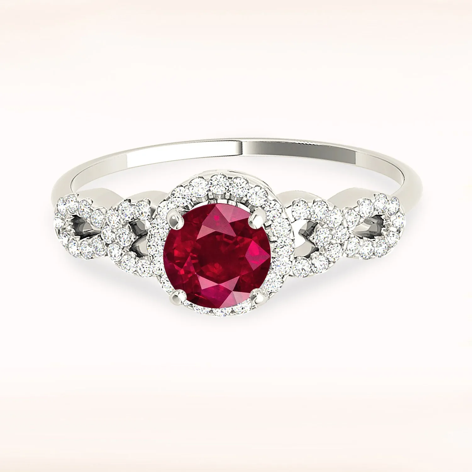 1.35 ct. Genuine Ruby Ring With Halo, Open Rounded Fancy Diamond Band