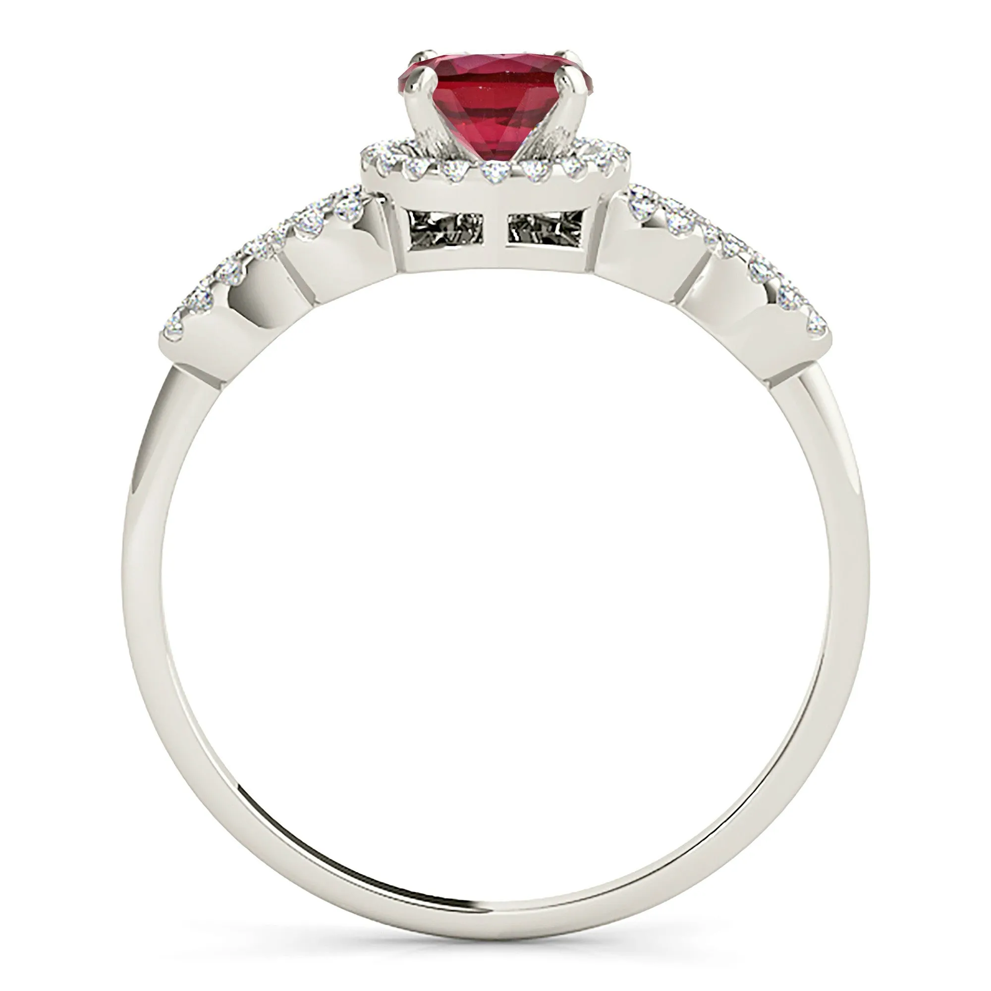 1.35 ct. Genuine Ruby Ring With Halo, Open Rounded Fancy Diamond Band
