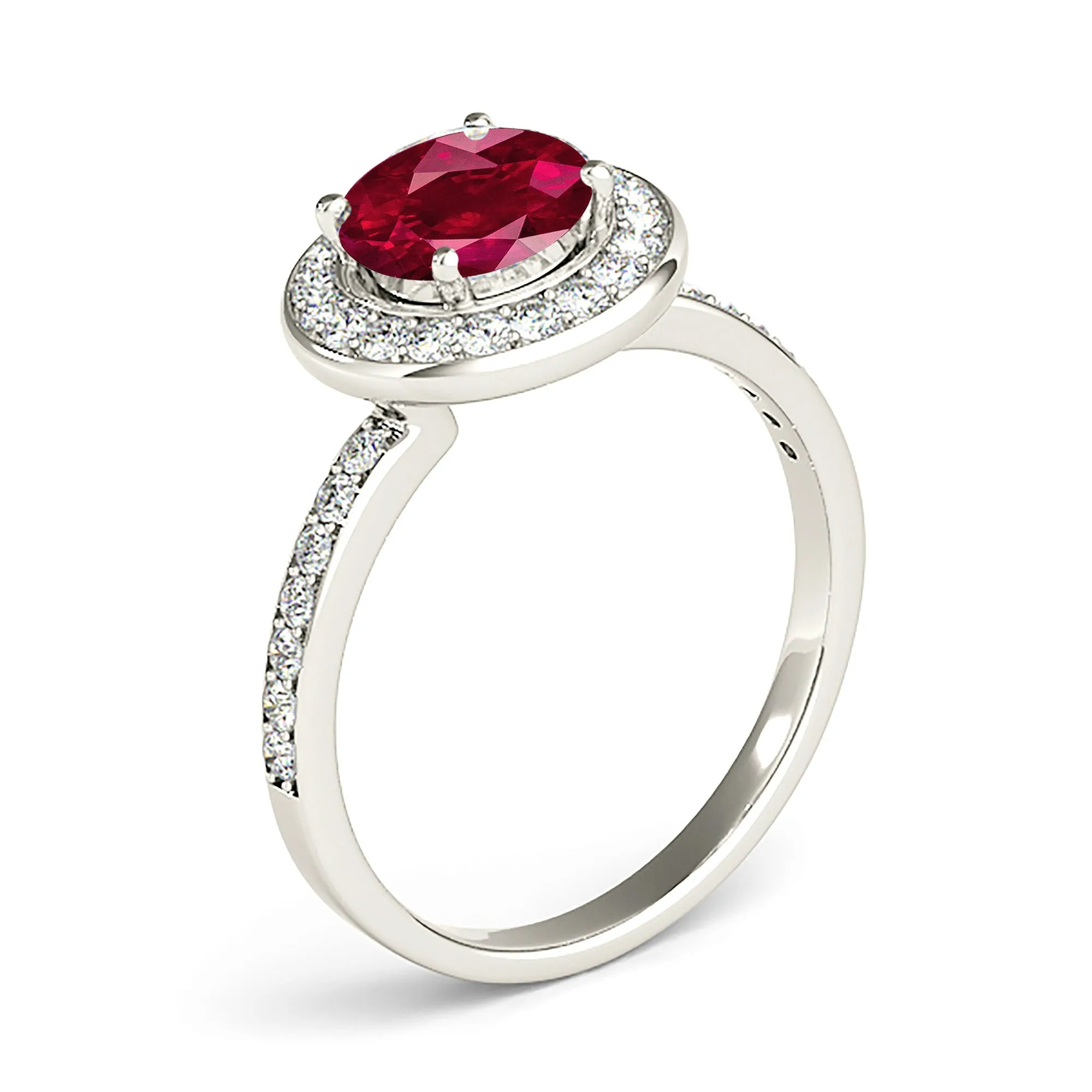 1.45 ct. Genuine Ruby Ring With Halo And Thin Diamond Band