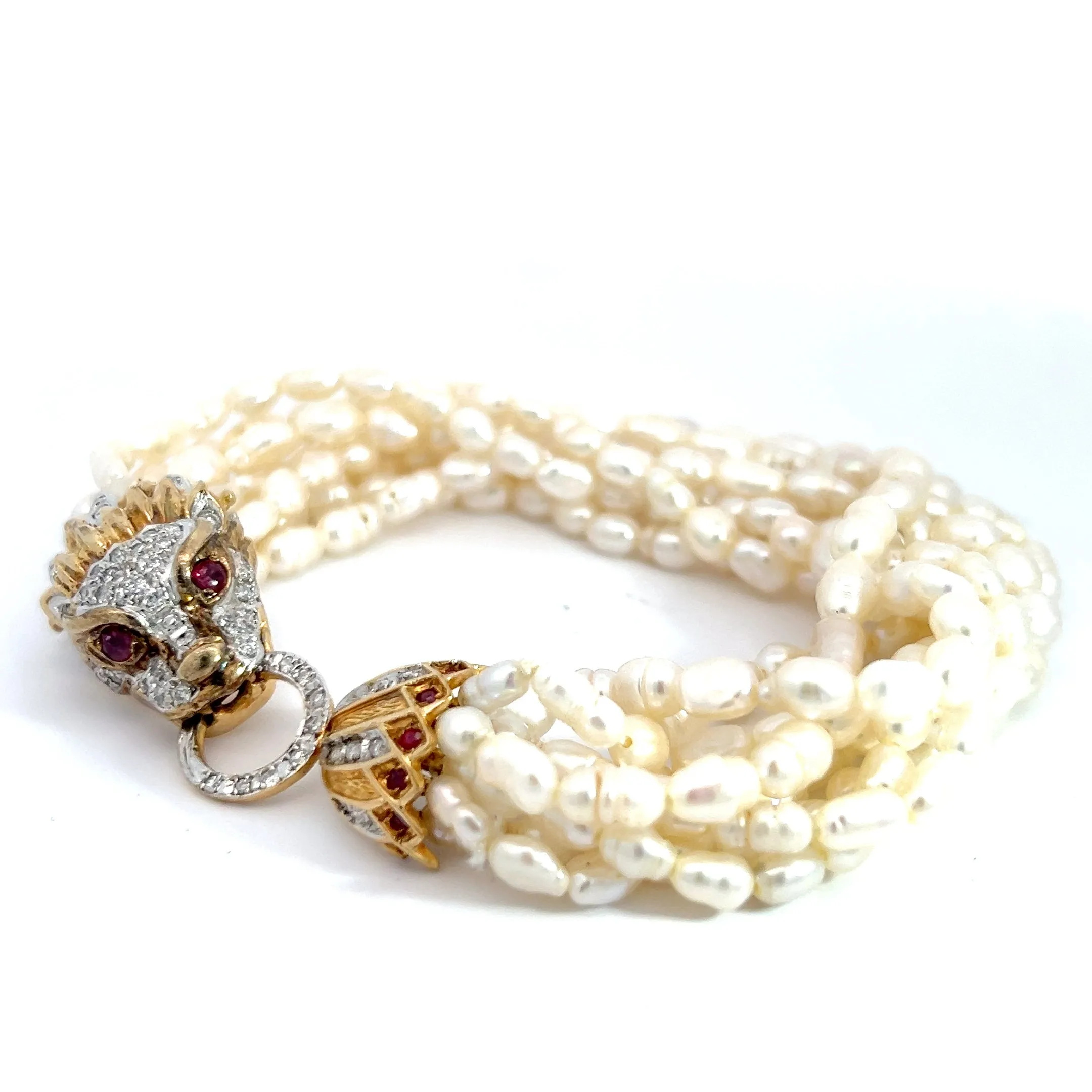 14k Yellow Gold .50ct G SI1 Round Diamond / .35ct Round Ruby and (8) Strand Pearl Dragon Lock Bracelet