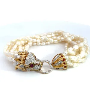 14k Yellow Gold .50ct G SI1 Round Diamond / .35ct Round Ruby and (8) Strand Pearl Dragon Lock Bracelet