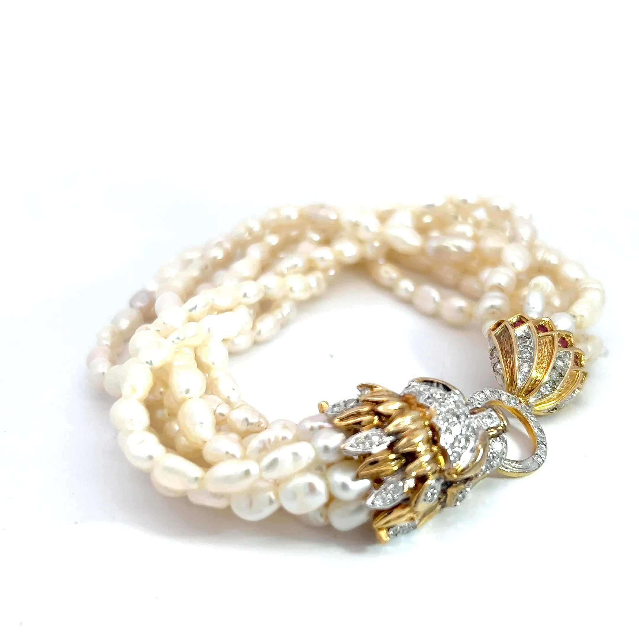 14k Yellow Gold .50ct G SI1 Round Diamond / .35ct Round Ruby and (8) Strand Pearl Dragon Lock Bracelet