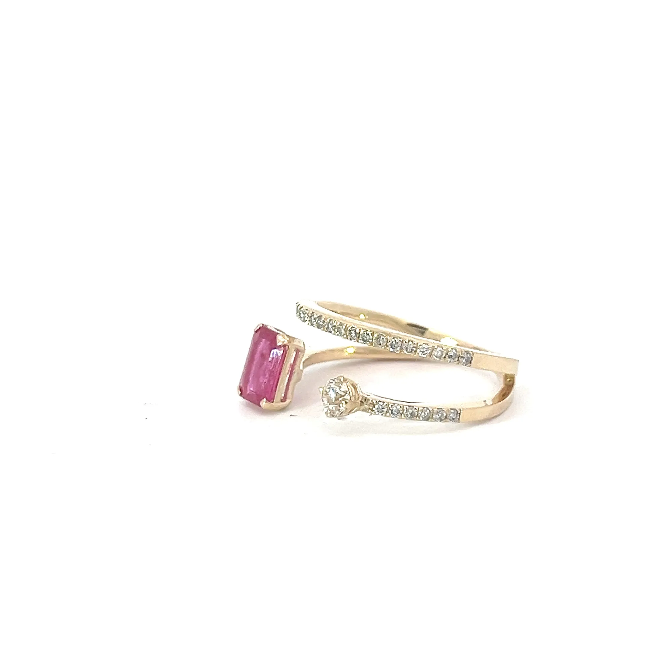 14k Yellow Gold .90ct Emerald Cut Burma Ruby /.38ct H VS2 Round Diamond Toi et Moi Ring