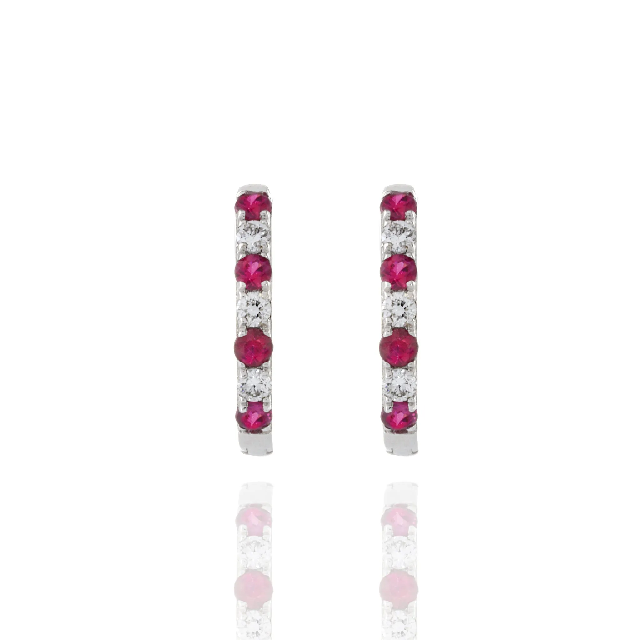 14KT White Gold Ruby And Diamond Huggie Earrings