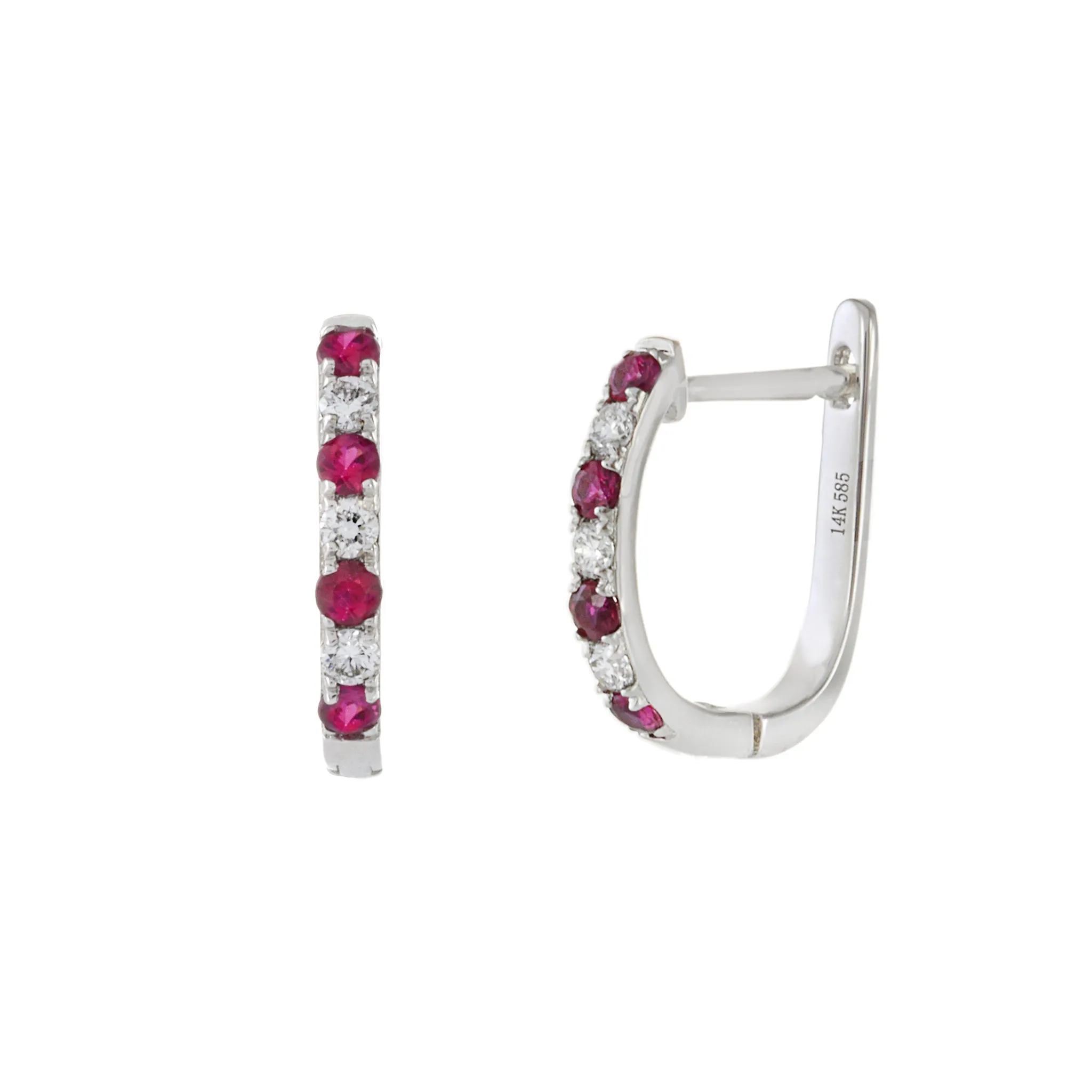 14KT White Gold Ruby And Diamond Huggie Earrings