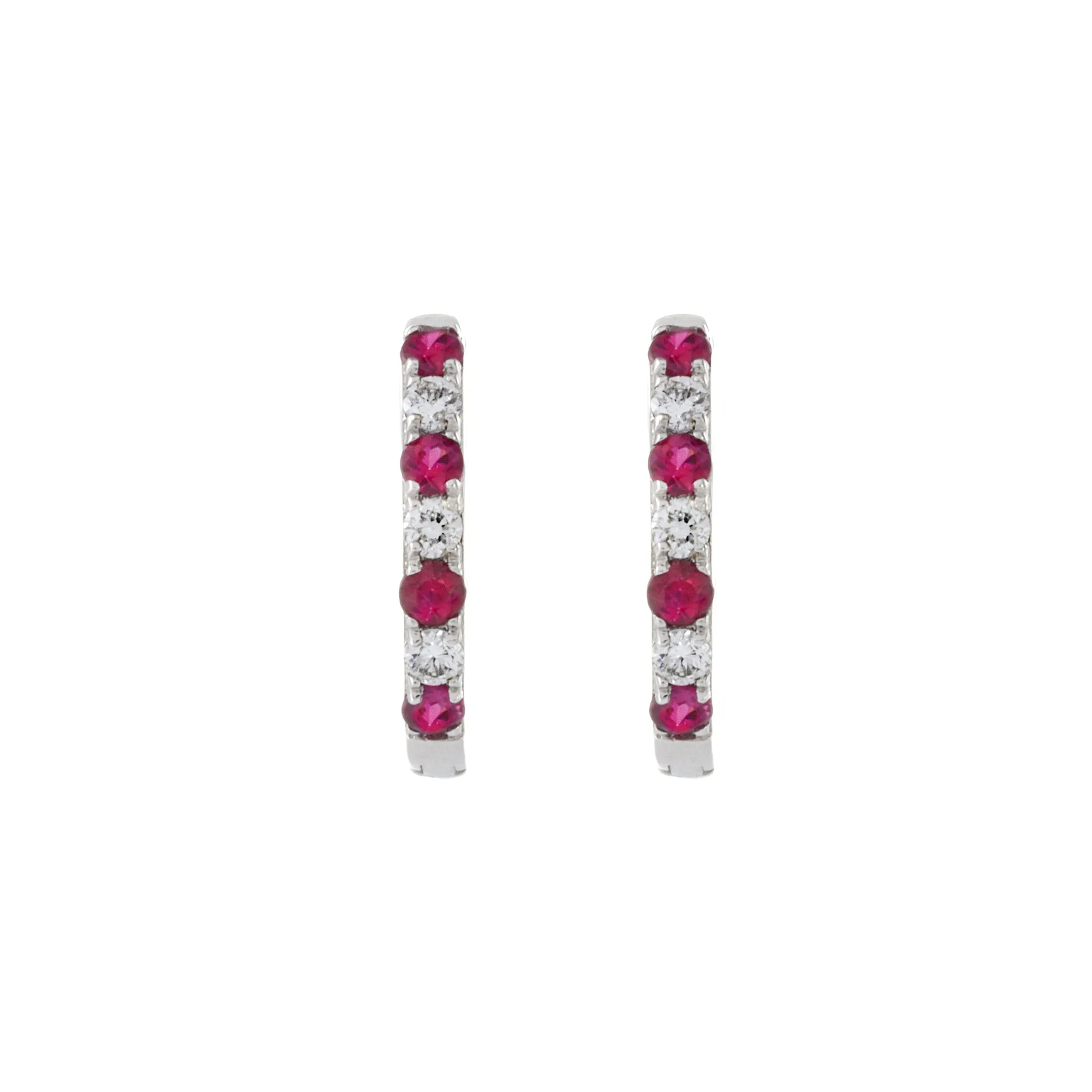14KT White Gold Ruby And Diamond Huggie Earrings