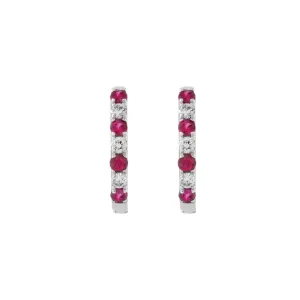 14KT White Gold Ruby And Diamond Huggie Earrings