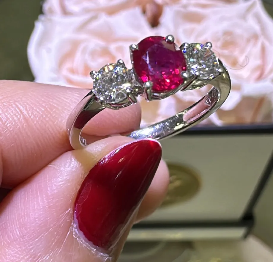 1.50ct tw Three Stone Ruby Center with Side Diamonds Ring