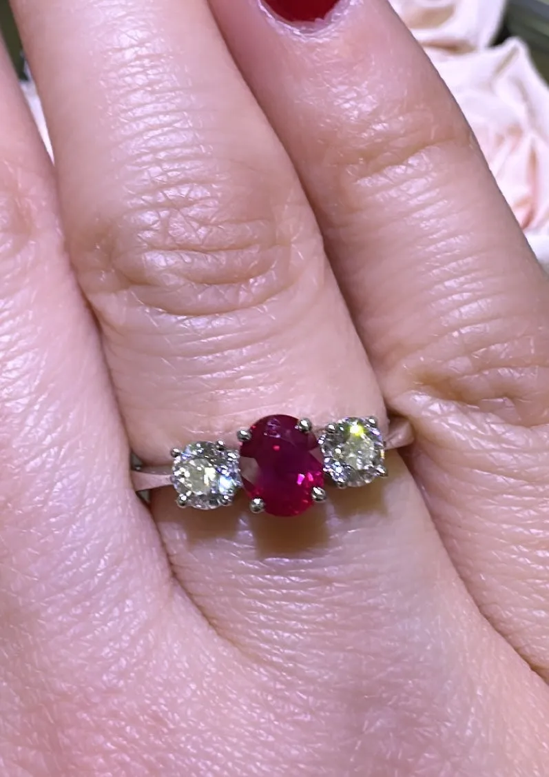 1.50ct tw Three Stone Ruby Center with Side Diamonds Ring