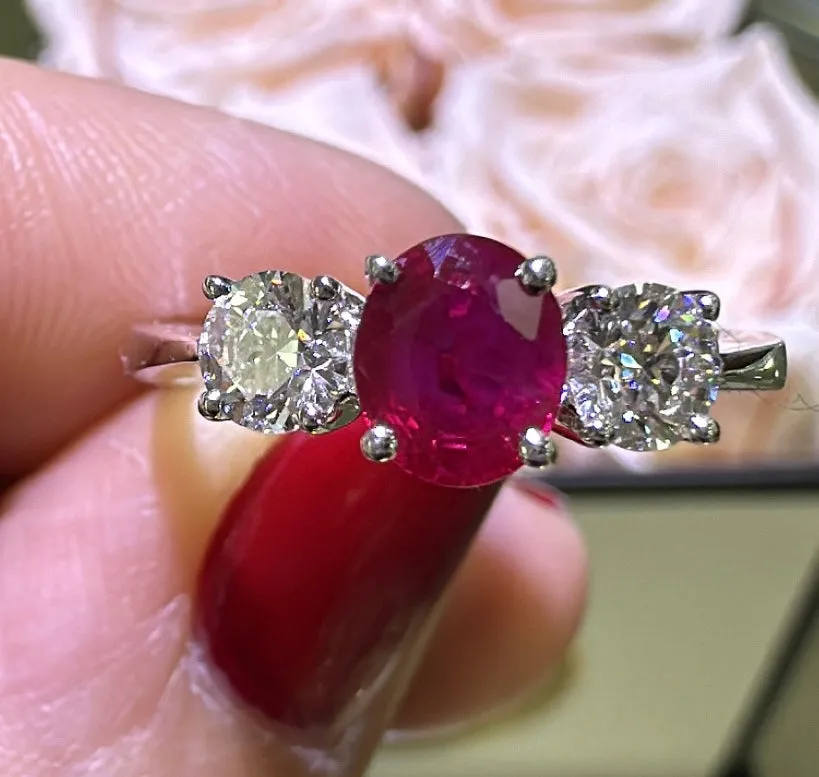 1.50ct tw Three Stone Ruby Center with Side Diamonds Ring