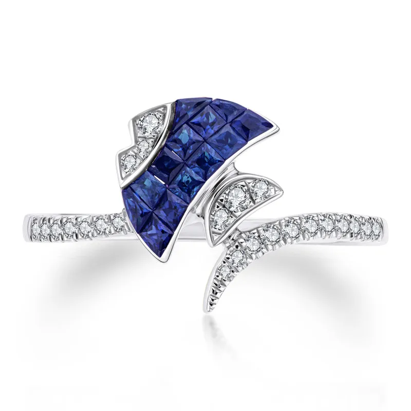 18K Gold 0.342ct Ruby 0.474ct Sapphire Natural Gemstone Fish Shape Ring Exclusively Handcrafted 0.142ct/0.133ct Natural Diamond (H-F Color, VS1-VS2 Clarity)