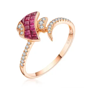 18K Gold 0.342ct Ruby 0.474ct Sapphire Natural Gemstone Fish Shape Ring Exclusively Handcrafted 0.142ct/0.133ct Natural Diamond (H-F Color, VS1-VS2 Clarity)