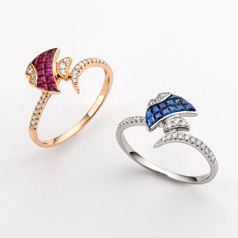 18K Gold 0.342ct Ruby 0.474ct Sapphire Natural Gemstone Fish Shape Ring Exclusively Handcrafted 0.142ct/0.133ct Natural Diamond (H-F Color, VS1-VS2 Clarity)