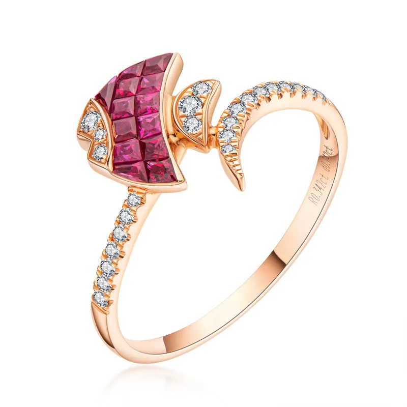 18K Gold 0.342ct Ruby 0.474ct Sapphire Natural Gemstone Fish Shape Ring Exclusively Handcrafted 0.142ct/0.133ct Natural Diamond (H-F Color, VS1-VS2 Clarity)