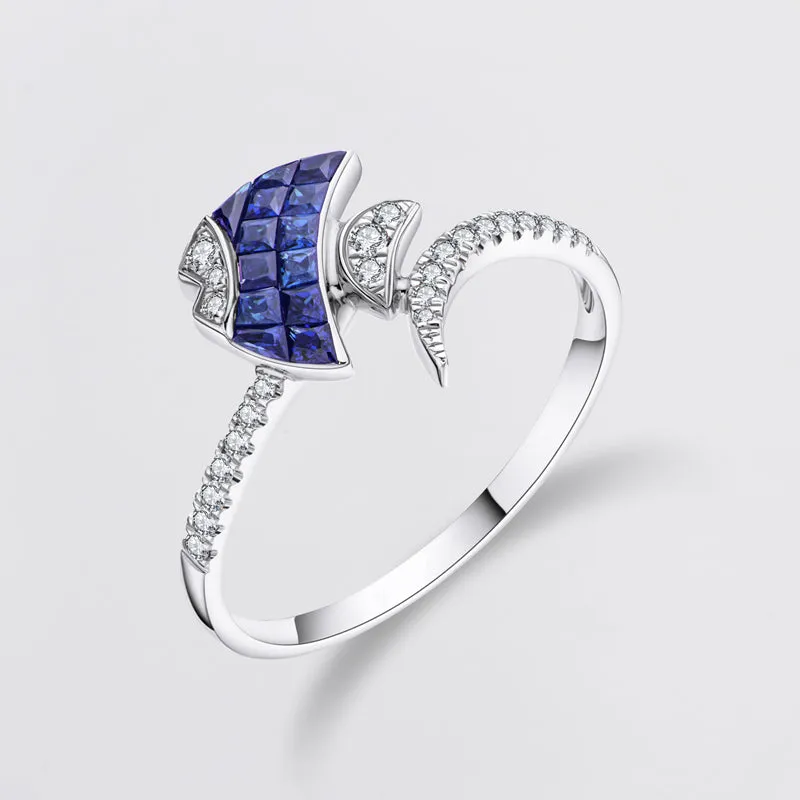 18K Gold 0.342ct Ruby 0.474ct Sapphire Natural Gemstone Fish Shape Ring Exclusively Handcrafted 0.142ct/0.133ct Natural Diamond (H-F Color, VS1-VS2 Clarity)