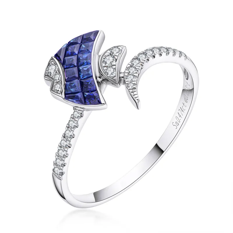 18K Gold 0.342ct Ruby 0.474ct Sapphire Natural Gemstone Fish Shape Ring Exclusively Handcrafted 0.142ct/0.133ct Natural Diamond (H-F Color, VS1-VS2 Clarity)