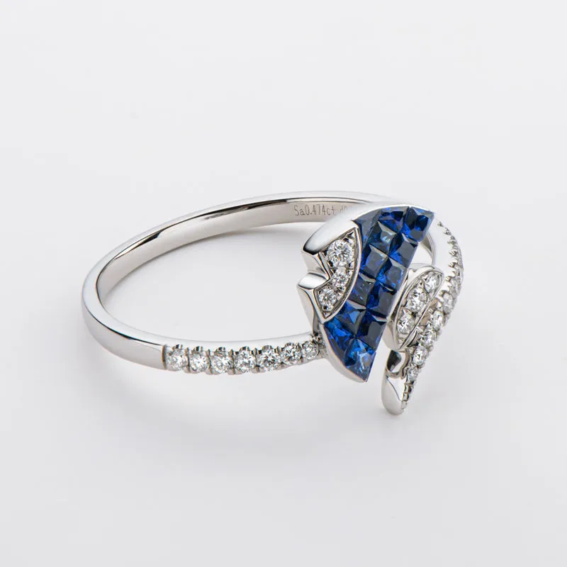 18K Gold 0.342ct Ruby 0.474ct Sapphire Natural Gemstone Fish Shape Ring Exclusively Handcrafted 0.142ct/0.133ct Natural Diamond (H-F Color, VS1-VS2 Clarity)