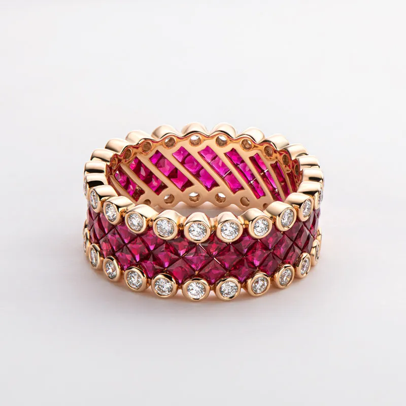 18K Gold 3.536ct Ruby 3.617ct Sapphire Natural Gemstone Full Eternity Ring Exclusively Handcrafted 0.773ct/0.784ct Natural Diamond (H-F Color, VS1-VS2 Clarity)