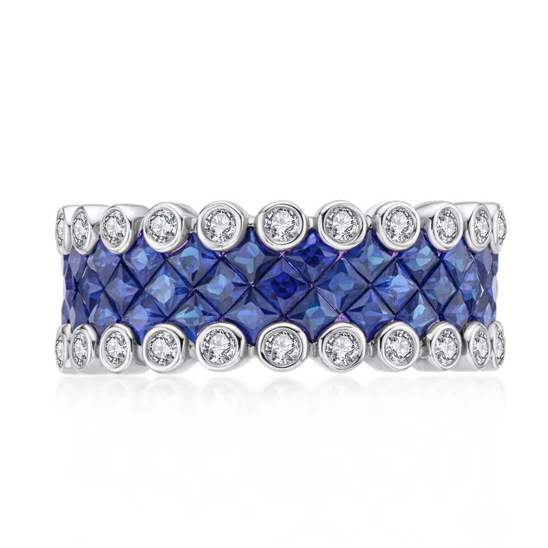 18K Gold 3.536ct Ruby 3.617ct Sapphire Natural Gemstone Full Eternity Ring Exclusively Handcrafted 0.773ct/0.784ct Natural Diamond (H-F Color, VS1-VS2 Clarity)