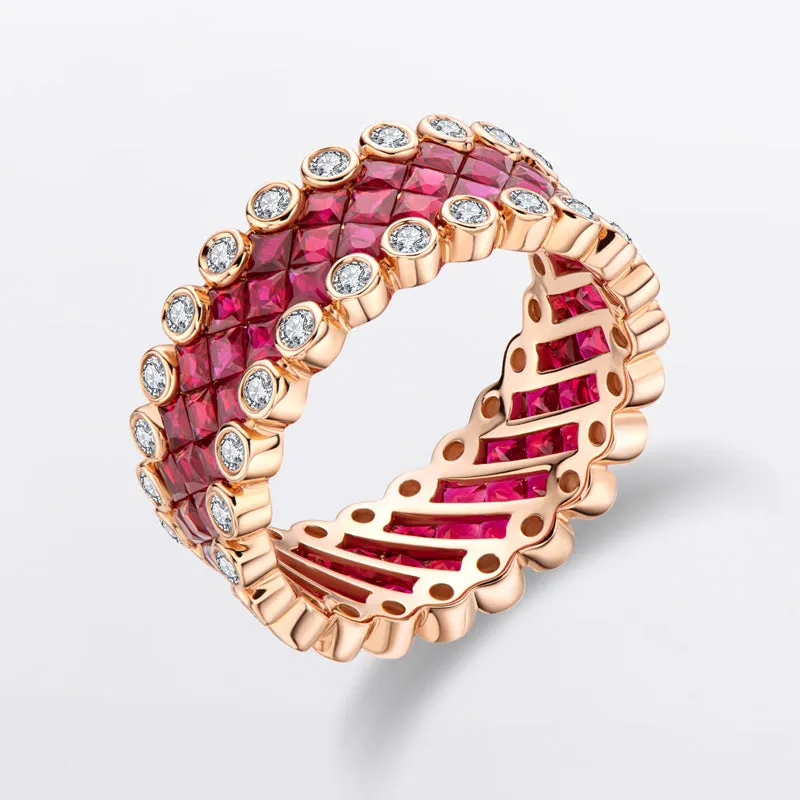 18K Gold 3.536ct Ruby 3.617ct Sapphire Natural Gemstone Full Eternity Ring Exclusively Handcrafted 0.773ct/0.784ct Natural Diamond (H-F Color, VS1-VS2 Clarity)