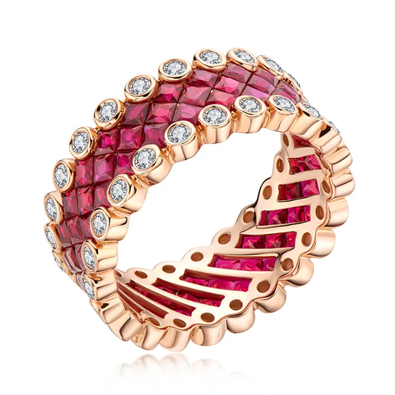 18K Gold 3.536ct Ruby 3.617ct Sapphire Natural Gemstone Full Eternity Ring Exclusively Handcrafted 0.773ct/0.784ct Natural Diamond (H-F Color, VS1-VS2 Clarity)