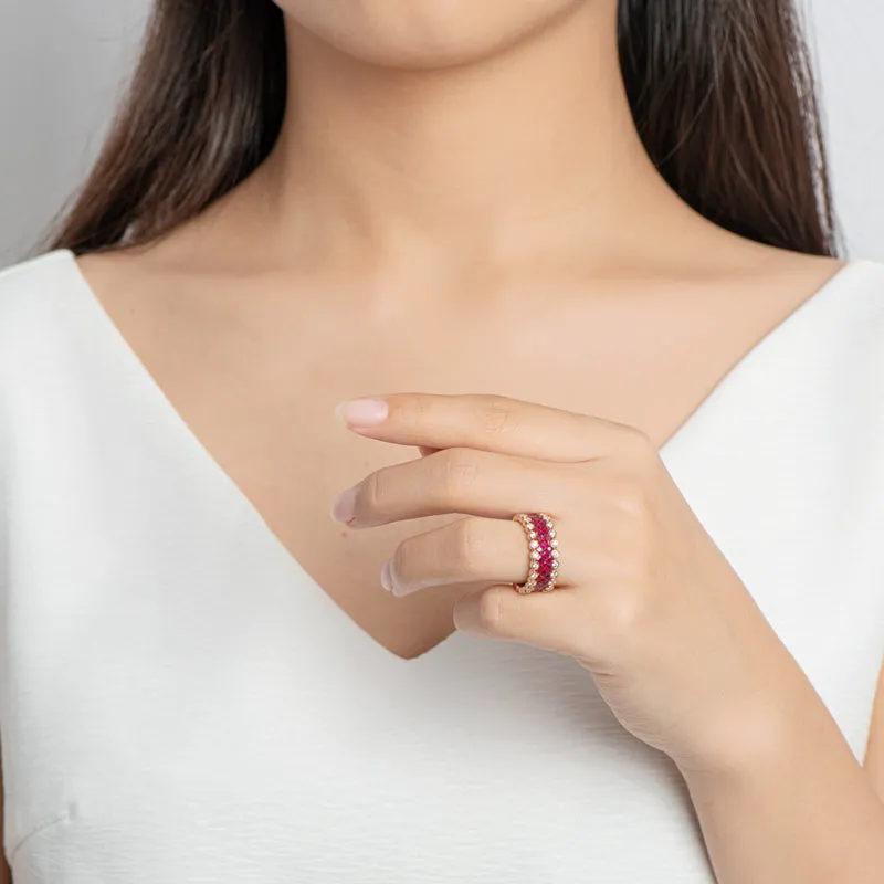 18K Gold 3.536ct Ruby 3.617ct Sapphire Natural Gemstone Full Eternity Ring Exclusively Handcrafted 0.773ct/0.784ct Natural Diamond (H-F Color, VS1-VS2 Clarity)
