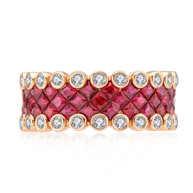 18K Gold 3.536ct Ruby 3.617ct Sapphire Natural Gemstone Full Eternity Ring Exclusively Handcrafted 0.773ct/0.784ct Natural Diamond (H-F Color, VS1-VS2 Clarity)