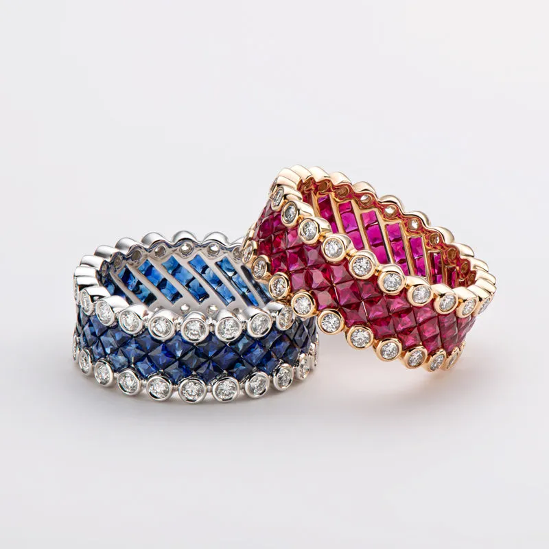 18K Gold 3.536ct Ruby 3.617ct Sapphire Natural Gemstone Full Eternity Ring Exclusively Handcrafted 0.773ct/0.784ct Natural Diamond (H-F Color, VS1-VS2 Clarity)