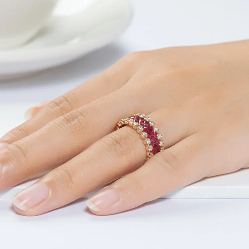 18K Gold 3.536ct Ruby 3.617ct Sapphire Natural Gemstone Full Eternity Ring Exclusively Handcrafted 0.773ct/0.784ct Natural Diamond (H-F Color, VS1-VS2 Clarity)