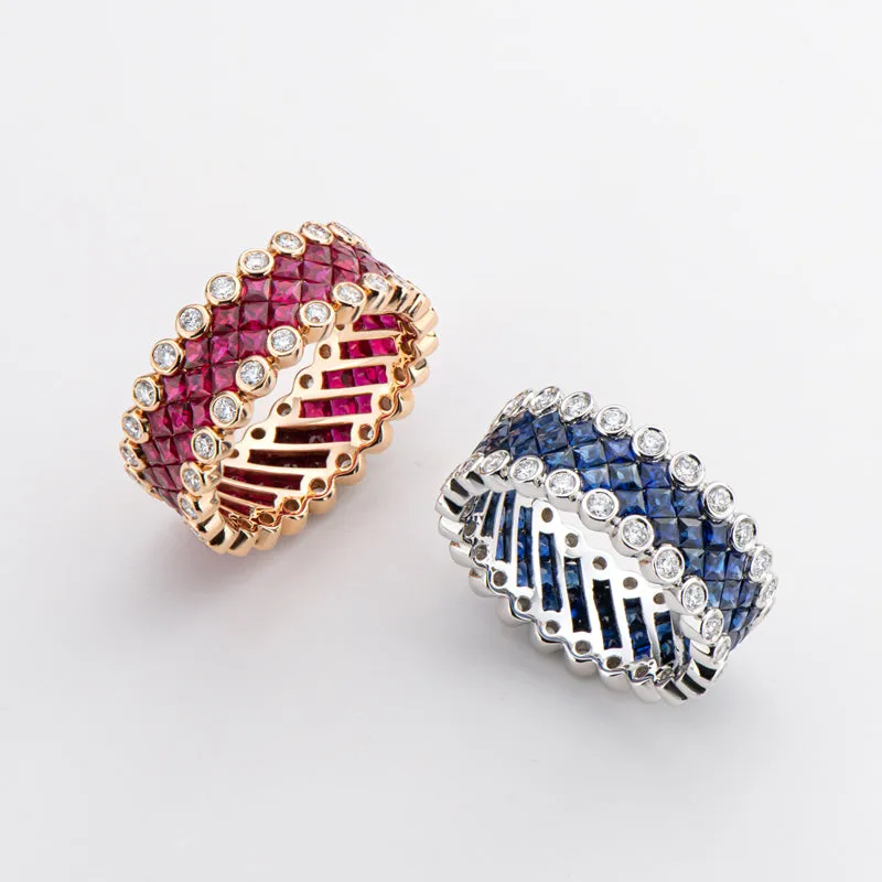18K Gold 3.536ct Ruby 3.617ct Sapphire Natural Gemstone Full Eternity Ring Exclusively Handcrafted 0.773ct/0.784ct Natural Diamond (H-F Color, VS1-VS2 Clarity)