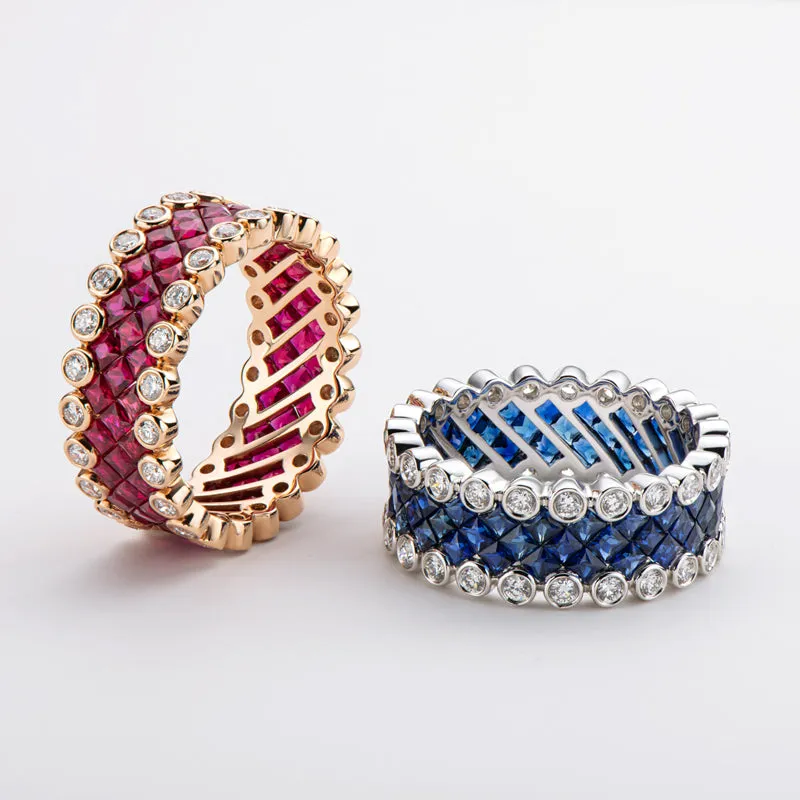 18K Gold 3.536ct Ruby 3.617ct Sapphire Natural Gemstone Full Eternity Ring Exclusively Handcrafted 0.773ct/0.784ct Natural Diamond (H-F Color, VS1-VS2 Clarity)