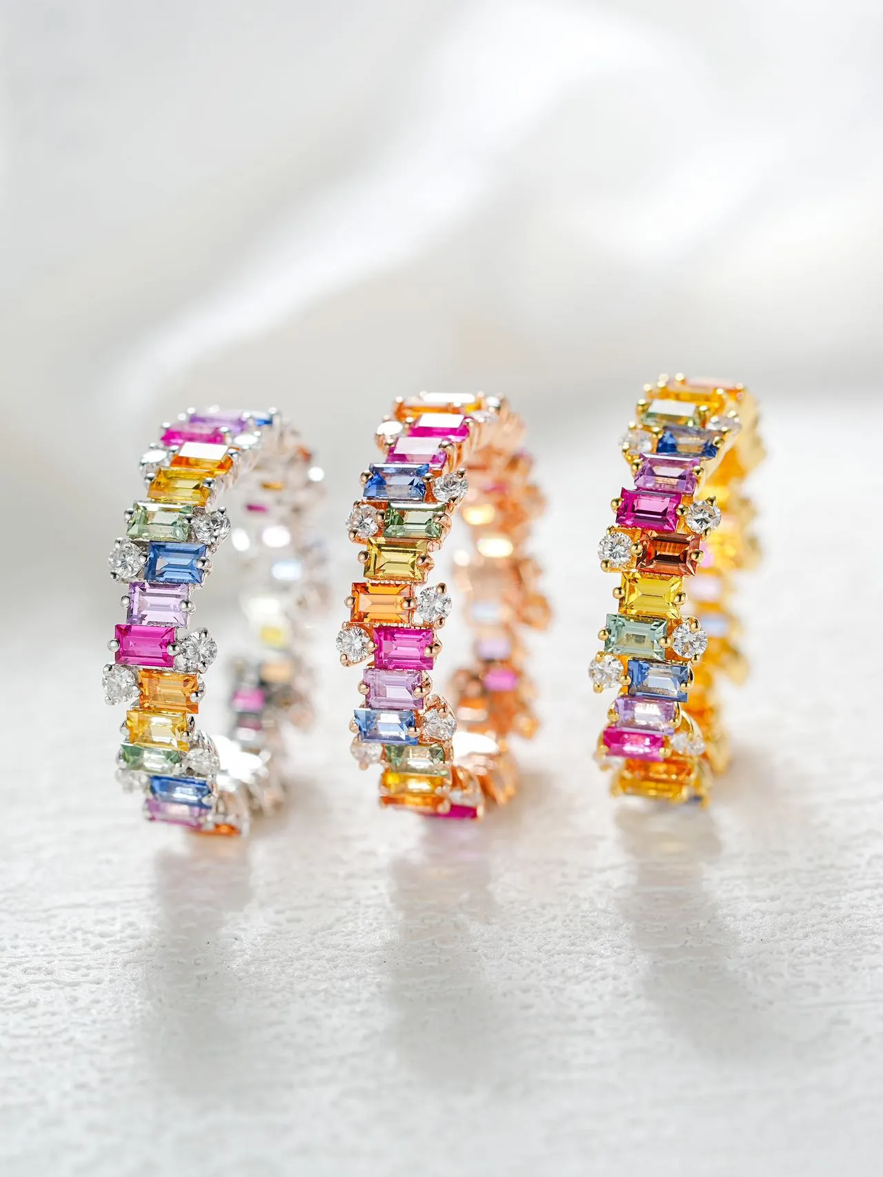 18k Gold Custom Emerald Cut Piano Rainbow Ring