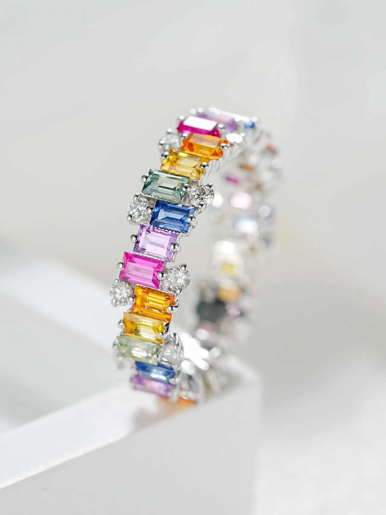 18k Gold Custom Emerald Cut Piano Rainbow Ring