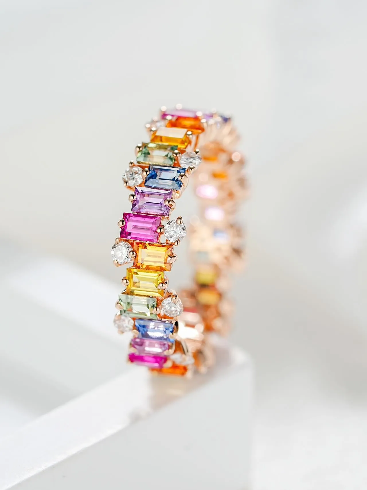 18k Gold Custom Emerald Cut Piano Rainbow Ring
