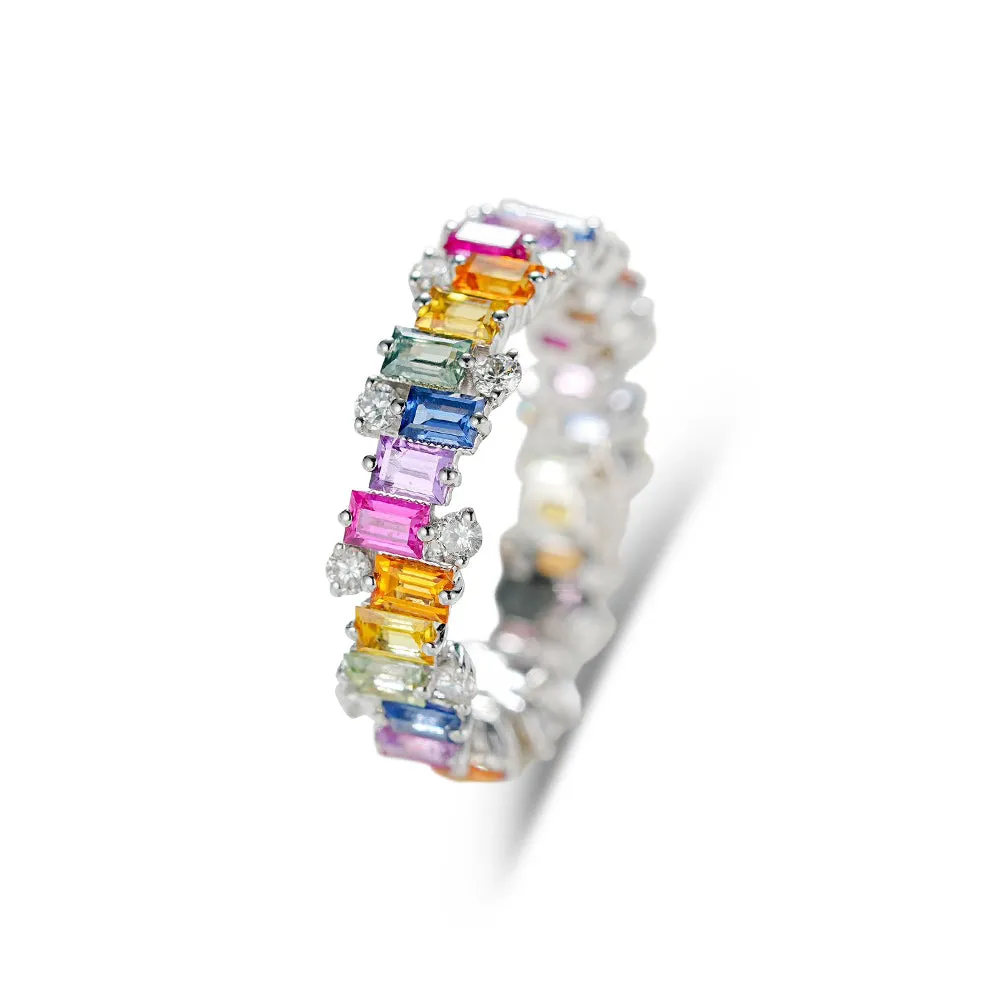 18k Gold Custom Emerald Cut Piano Rainbow Ring