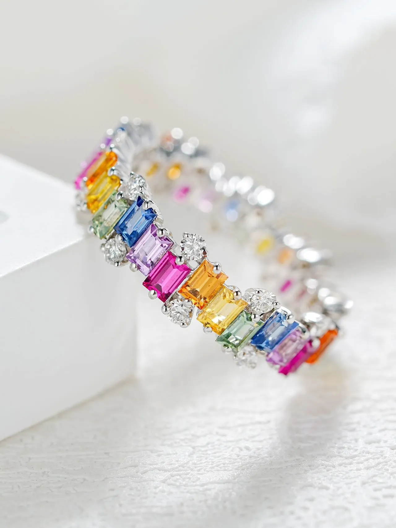 18k Gold Custom Emerald Cut Piano Rainbow Ring